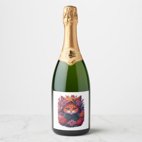 cat with flowers  2 sparkling wine label