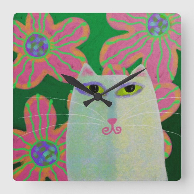 Cat with Flowers Abstract Art Square Wall Clock (Front)