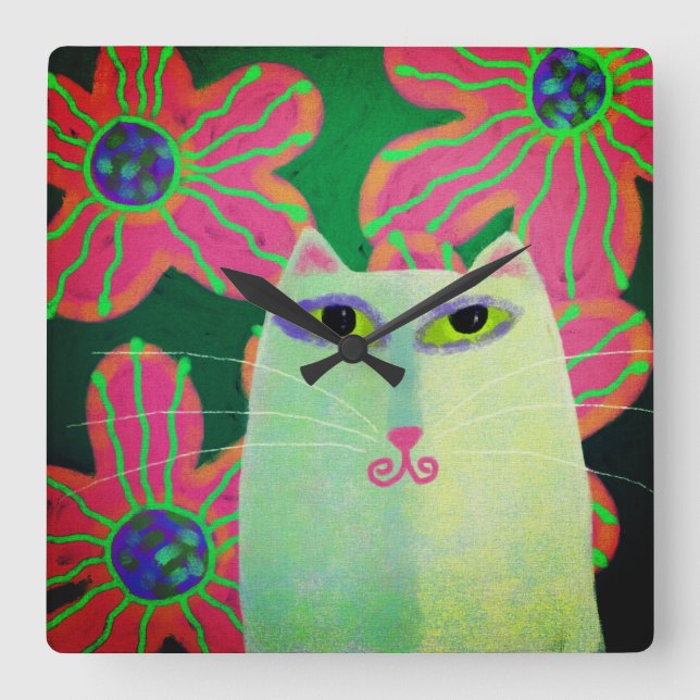 Cat with Flowers Abstract Art Square Wall Clock (Front)