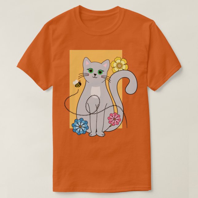 Cat with flowers and a Bee T-Shirt (Design Front)