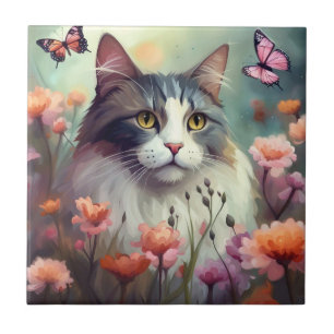 Cat with flowers and butterflies AI Cat 701 Ceramic Tile
