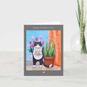 Cat with flowers and coffee Cute Cat Mothers day Card