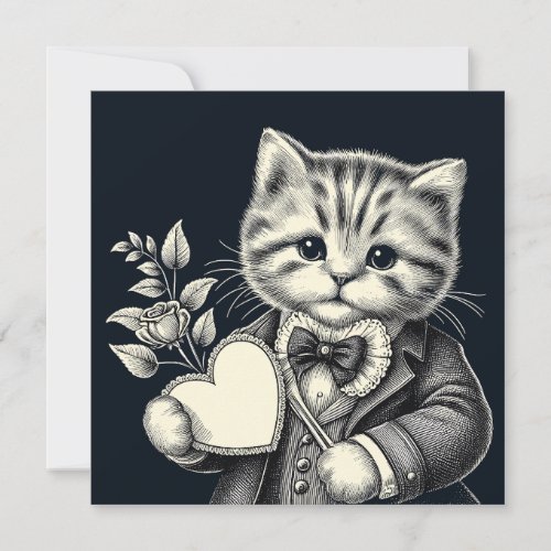 Cat with Flowers and Heart Valentine Illustration Card