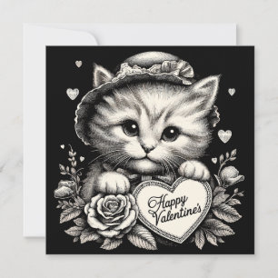 Cat with Flowers and Heart Valentine Illustration Card