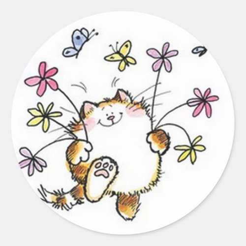 Cat with flowers classic round sticker