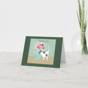 Cat with Flowers in Boot Whimsical Quirky Cat Art Thank You Card