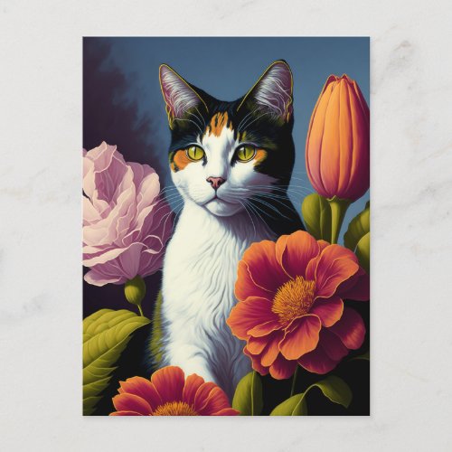 cat with flowers postcard