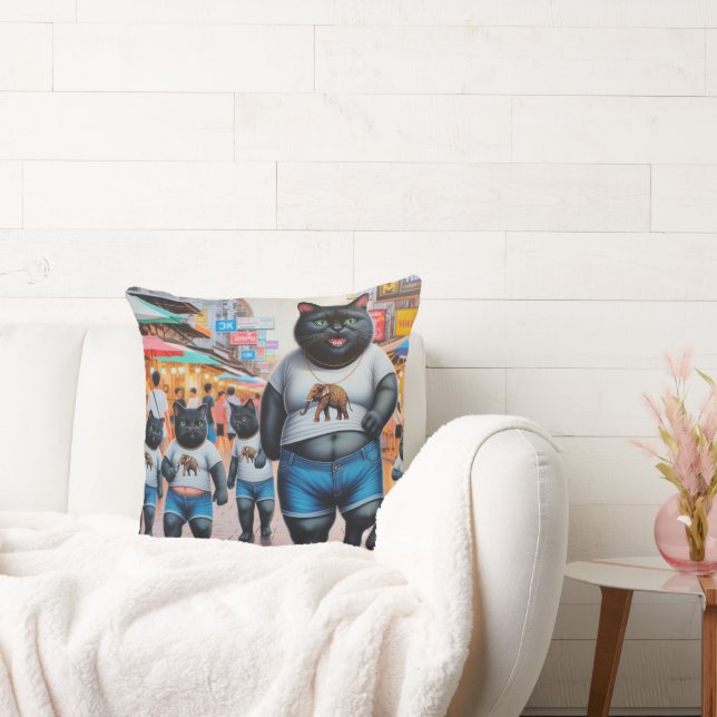 Cat with friends in Thailand Throw Pillow (Couch)