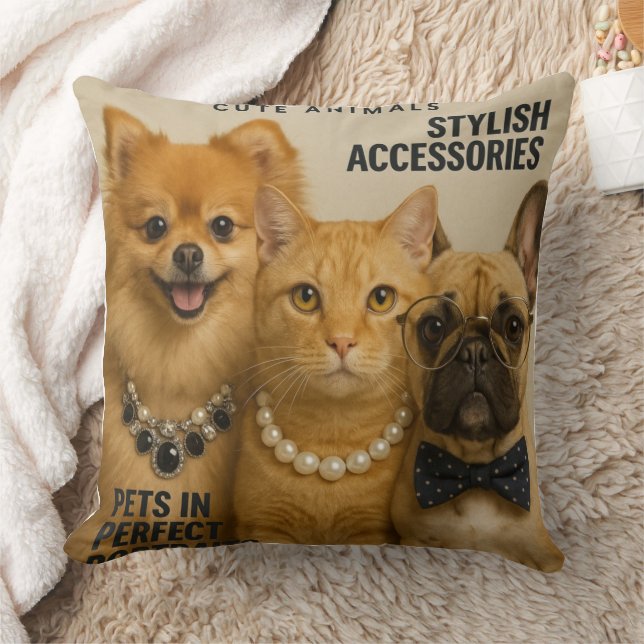 Cat with friends on magazine throw pillow (Blanket)