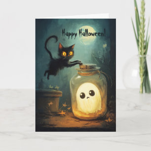 Cat with Ghost in a Jar Letterpress Thank You Card