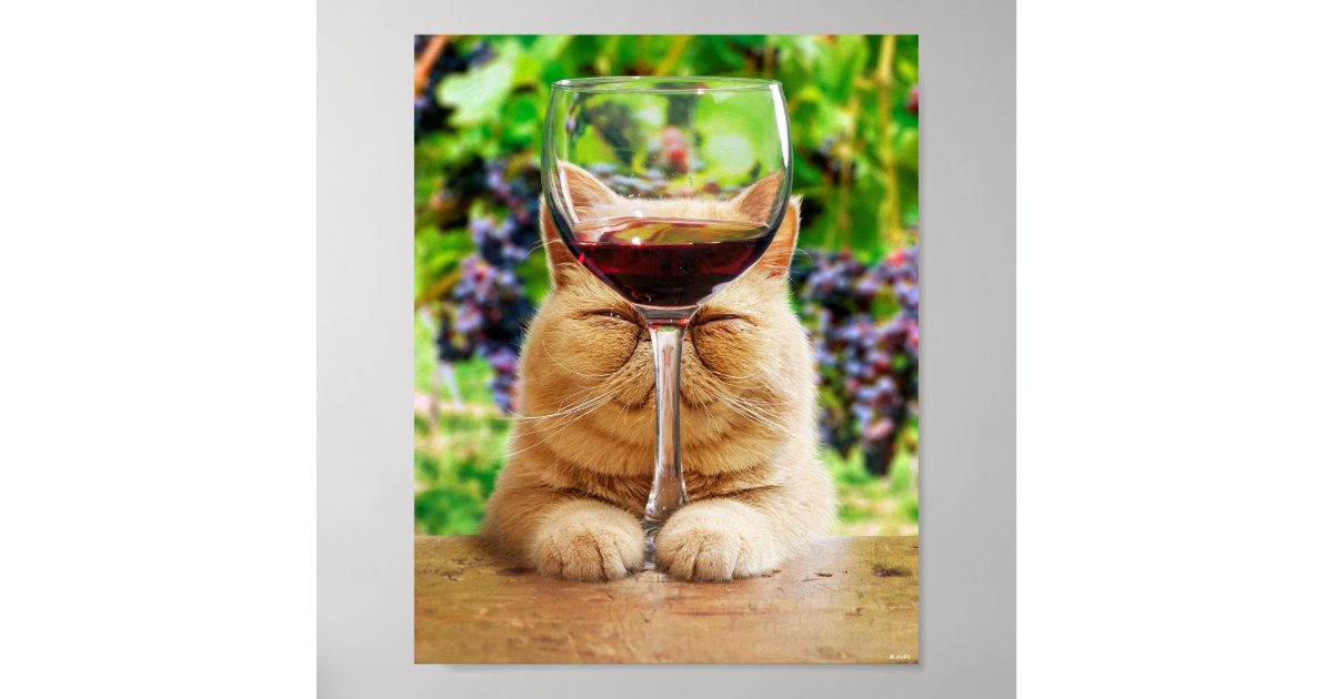 Cat With Glass of Wine Poster | Zazzle