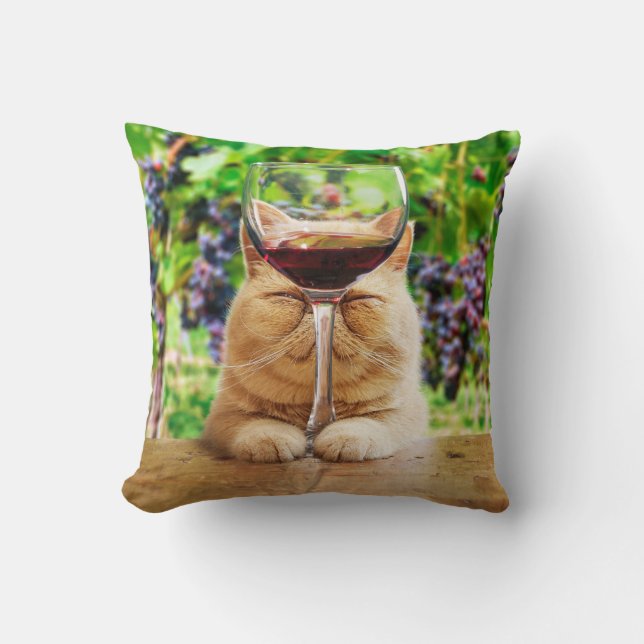 Cat With Glass of Wine Throw Pillow (Front)