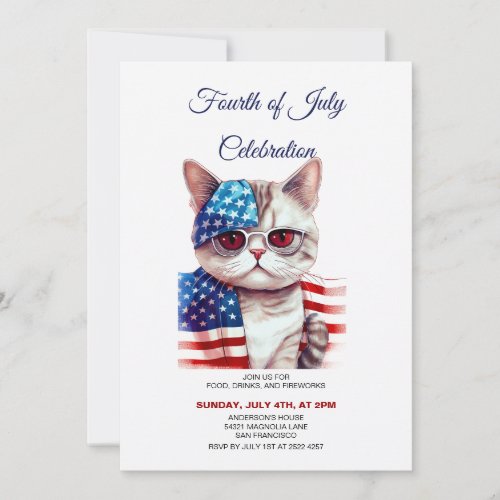 Cat with Glasses 4th Of July Invitations