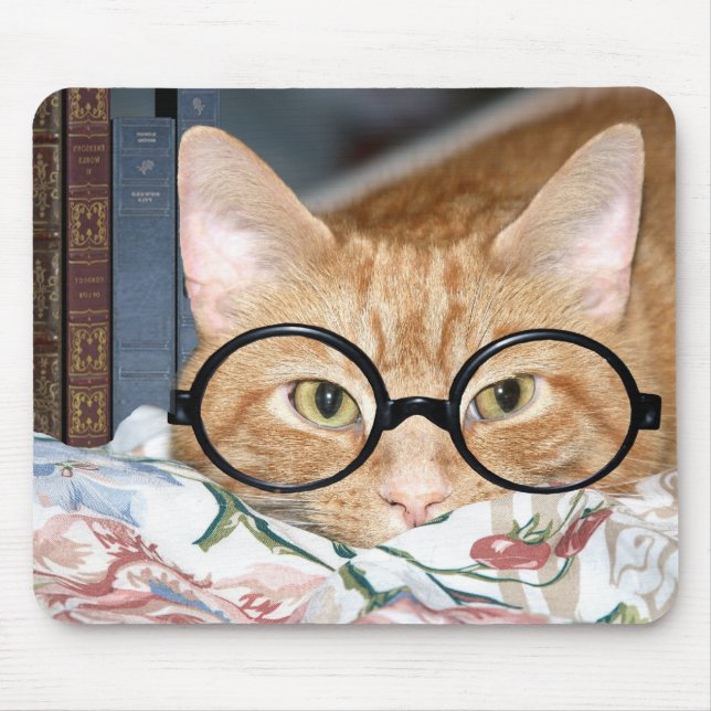 Cat with glasses and books mouse pad (Front)