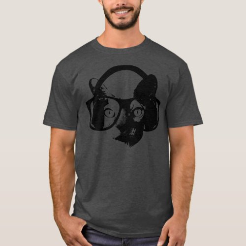 cat with glasses and headphone funny T_Shirt
