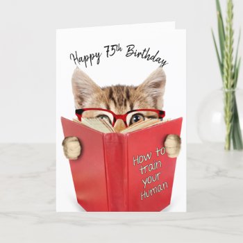 Cat With Glasses And Red Book 75th Birthday   Card by dryfhout at Zazzle