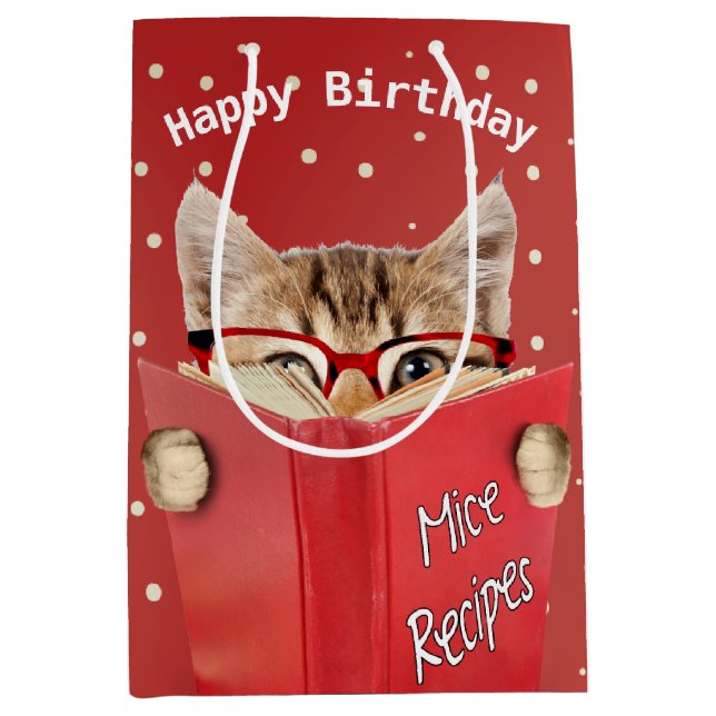 Cat with Glasses and Red Book Birthday  Medium Gift Bag (Front)