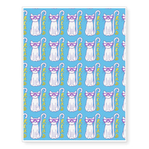Cat with Glasses Kids Reading Books Favor Temporary Tattoos