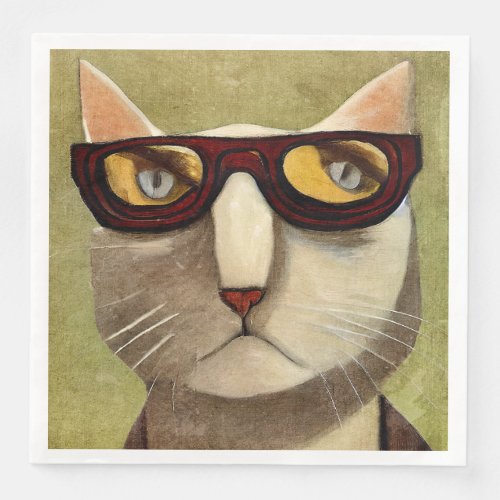 Cat With Glasses Primitive Art Napkin or Decoupage