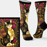 Cat with Gold Collar & Dark Pink Flowers     Socks