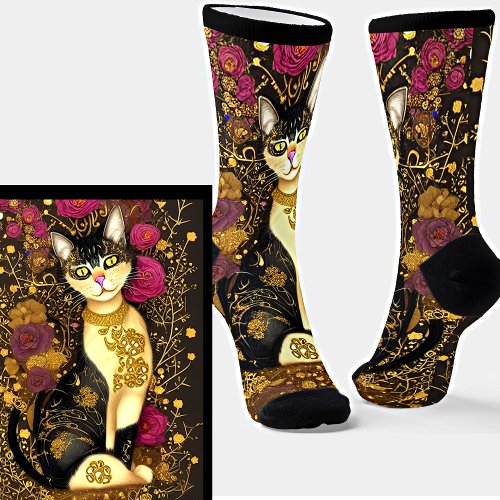 Cat with Gold Collar  Dark Pink Flowers     Socks