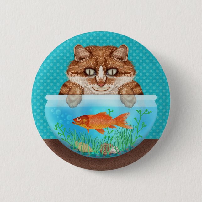 Cat with Goldfish Bowl Funny Hungry Grinning Kitty Button (Front)