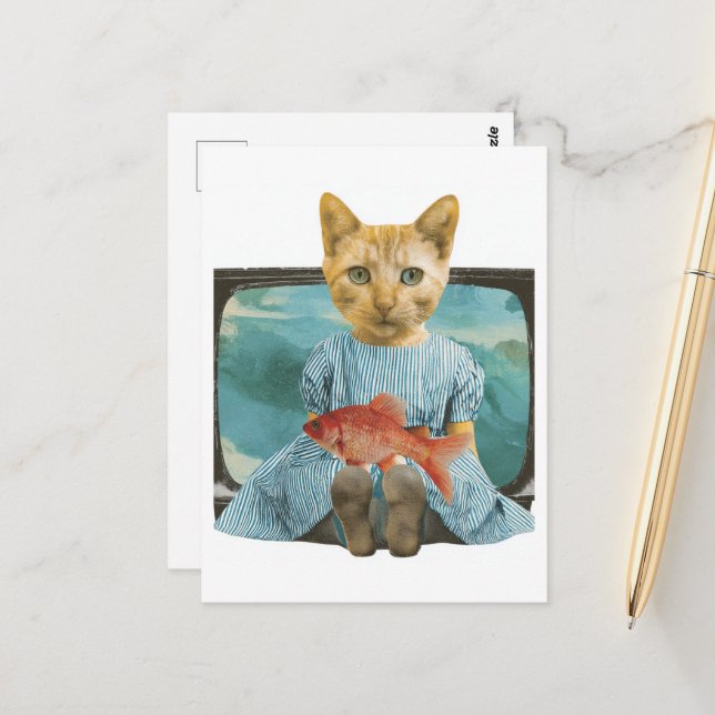 Cat With Goldfish on TV Retro Collage Postcard (Front/Back In Situ)