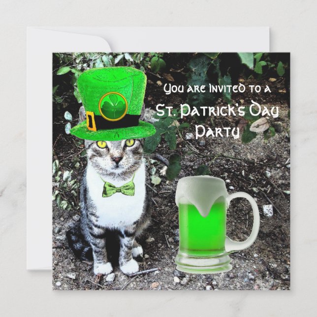 CAT WITH GREEN IRISH BEER ST PATRICK'S DAY PARTY INVITATION (Front)