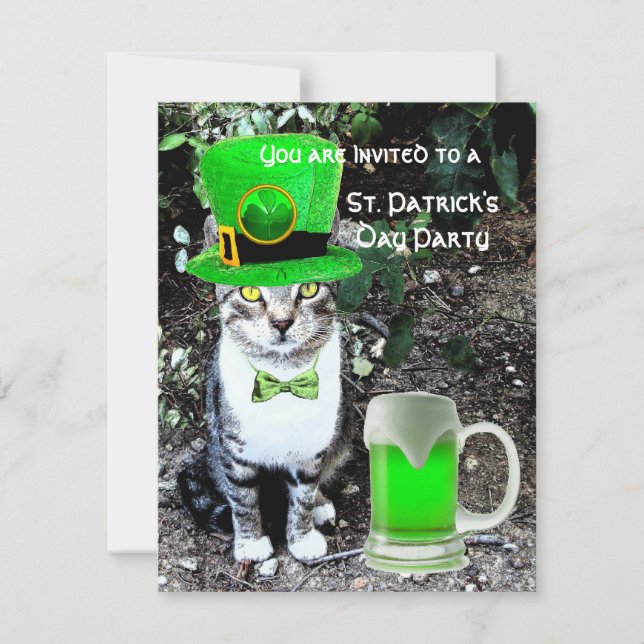 CAT WITH GREEN IRISH BEER ST PATRICK'S DAY PARTY INVITATION (Front)