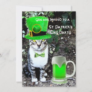 CAT WITH GREEN IRISH BEER ST PATRICK'S DAY PARTY INVITATION