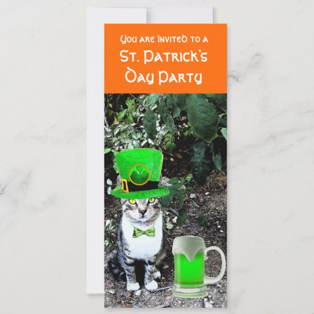 CAT WITH GREEN IRISH BEER ST PATRICK'S DAY PARTY INVITATION (Front)