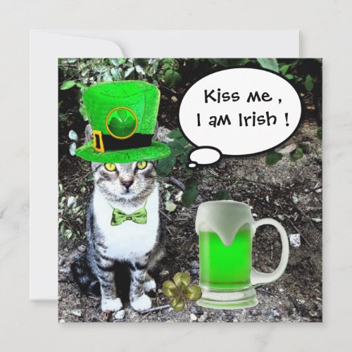CAT WITH GREEN IRISH BEER ST PATRICKS DAY PARTY INVITATION