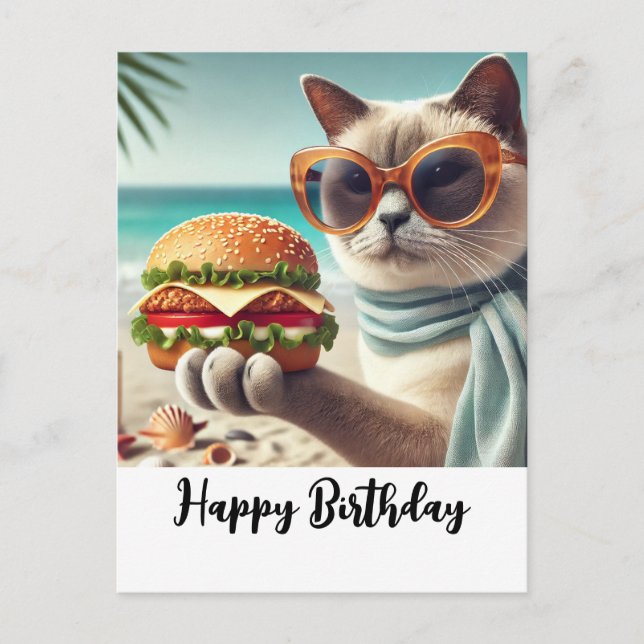 Cat with Hamburger Happy Birthday  Postcard (Front)