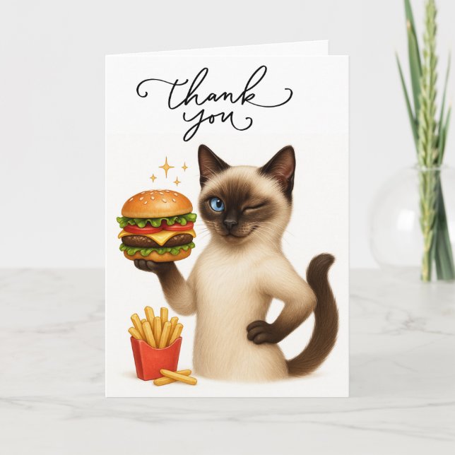 Cat  with Hamburger  Letterpress Thank You Card (Front)