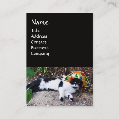 CAT WITH HARLEQUIN HAT AND MASQUERADE PARTY MASKS BUSINESS CARD