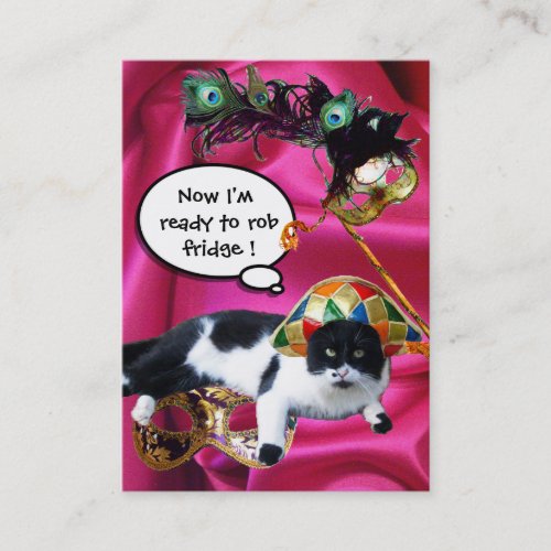 CAT WITH HARLEQUIN HAT AND MASQUERADE PARTY MASKS BUSINESS CARD