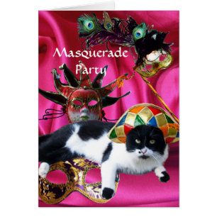 CAT WITH HARLEQUIN HAT AND MASQUERADE PARTY MASKS CARDS