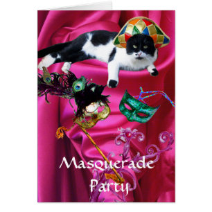 CAT WITH HARLEQUIN HAT AND MASQUERADE PARTY MASKS CARDS