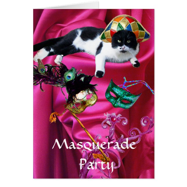 CAT WITH HARLEQUIN HAT AND MASQUERADE PARTY MASKS CARDS (Front)