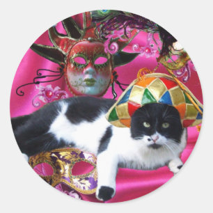 CAT WITH HARLEQUIN HAT AND MASQUERADE PARTY MASKS CLASSIC ROUND STICKER