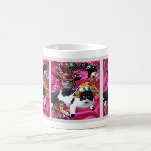 CAT WITH HARLEQUIN HAT AND MASQUERADE PARTY MASKS COFFEE MUG