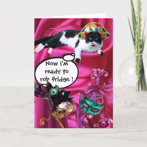 CAT WITH HARLEQUIN HAT AND MASQUERADE PARTY MASKS HOLIDAY CARD
