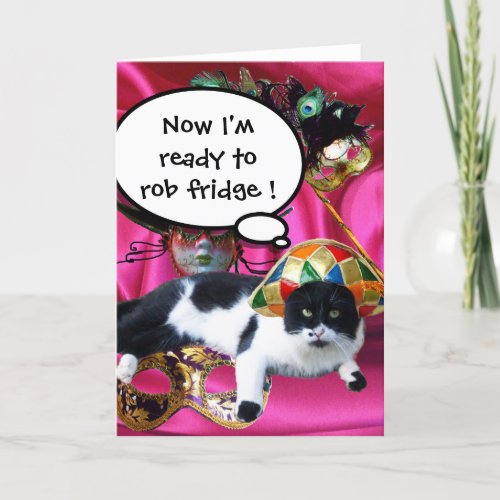 CAT WITH HARLEQUIN HAT AND MASQUERADE PARTY MASKS HOLIDAY CARD