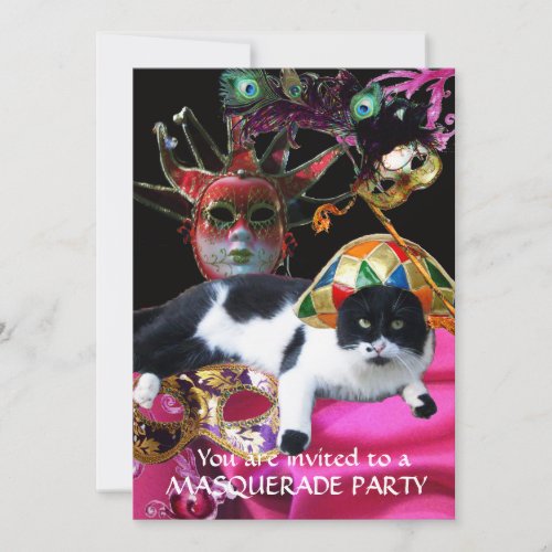 CAT WITH HARLEQUIN HAT AND MASQUERADE PARTY MASKS INVITATION