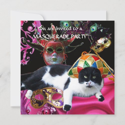 CAT WITH HARLEQUIN HAT AND MASQUERADE PARTY MASKS INVITATION