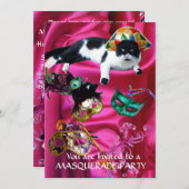 CAT WITH HARLEQUIN HAT AND MASQUERADE PARTY MASKS INVITATION (Front/Back)