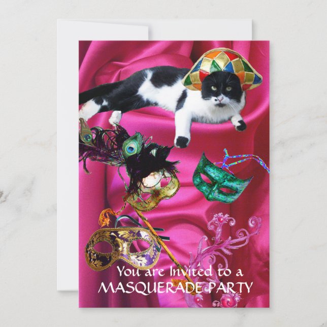 CAT WITH HARLEQUIN HAT AND MASQUERADE PARTY MASKS INVITATION (Front)