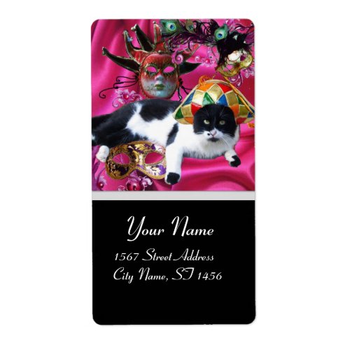 CAT WITH HARLEQUIN HAT AND MASQUERADE PARTY MASKS LABEL