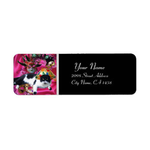 CAT WITH HARLEQUIN HAT AND MASQUERADE PARTY MASKS LABEL