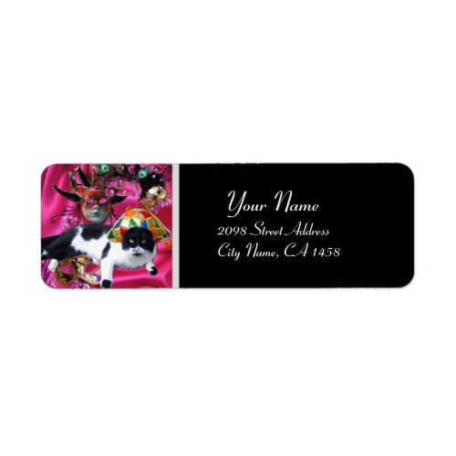 CAT WITH HARLEQUIN HAT AND MASQUERADE PARTY MASKS LABEL